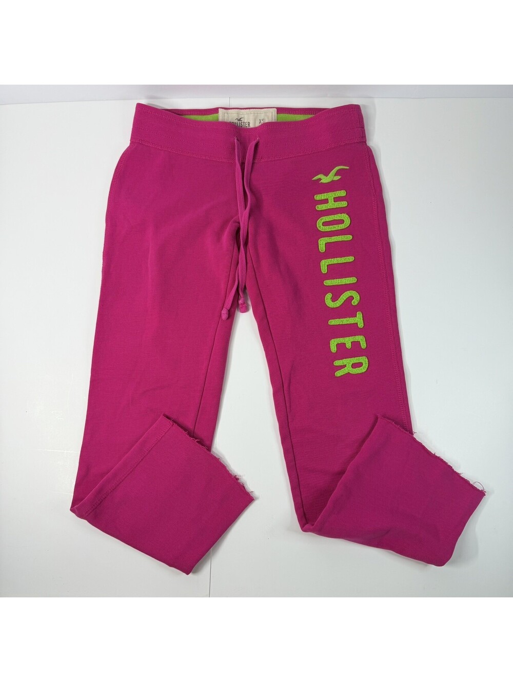 Hollister Women’s XS Hot Pink Lime Green Logo Sweatpants Raw Hem Drawstring Y2K